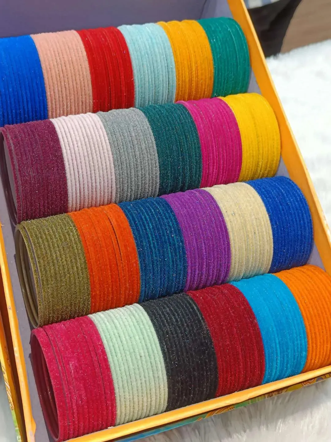 Set Of Multicolored Velvet Fabric Metal Bangles