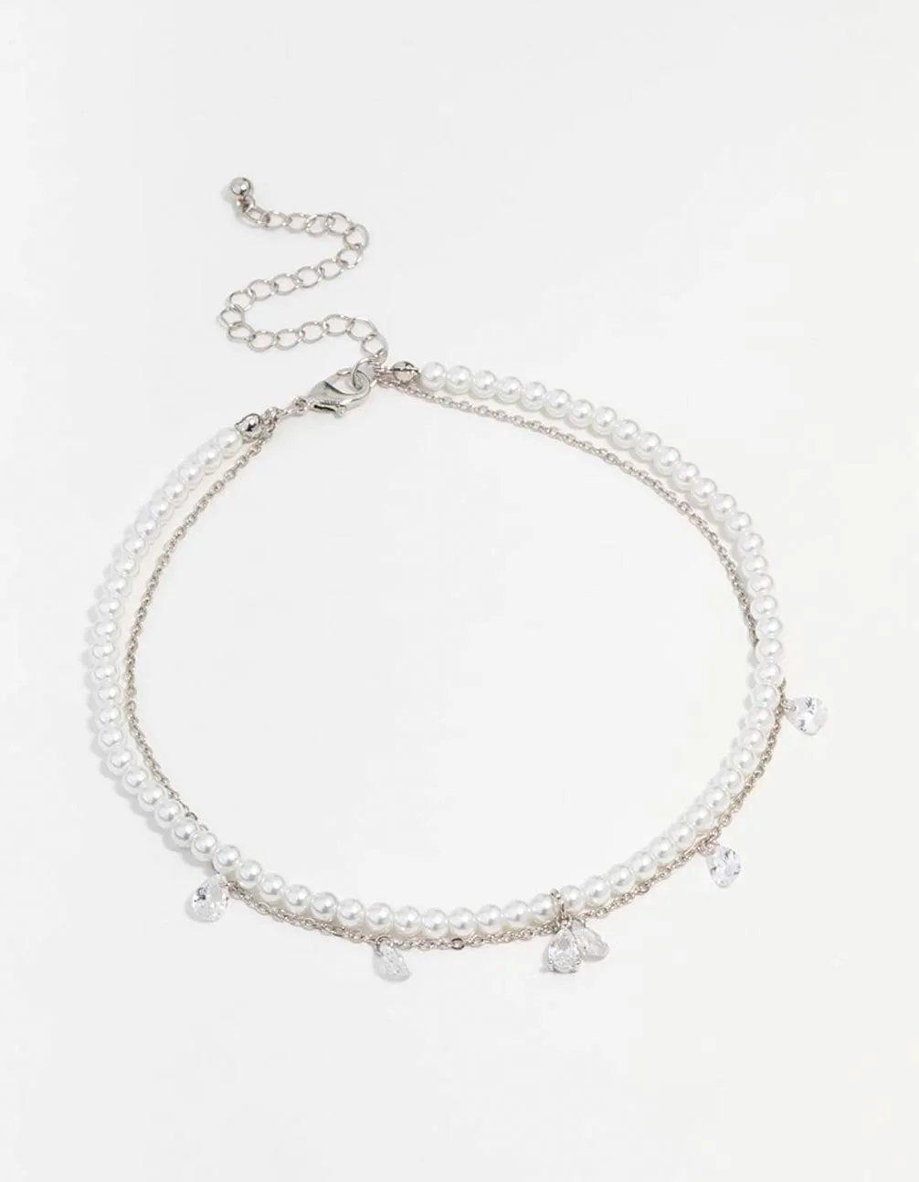 Silver Cubic Zirconia Pearl Double Choker