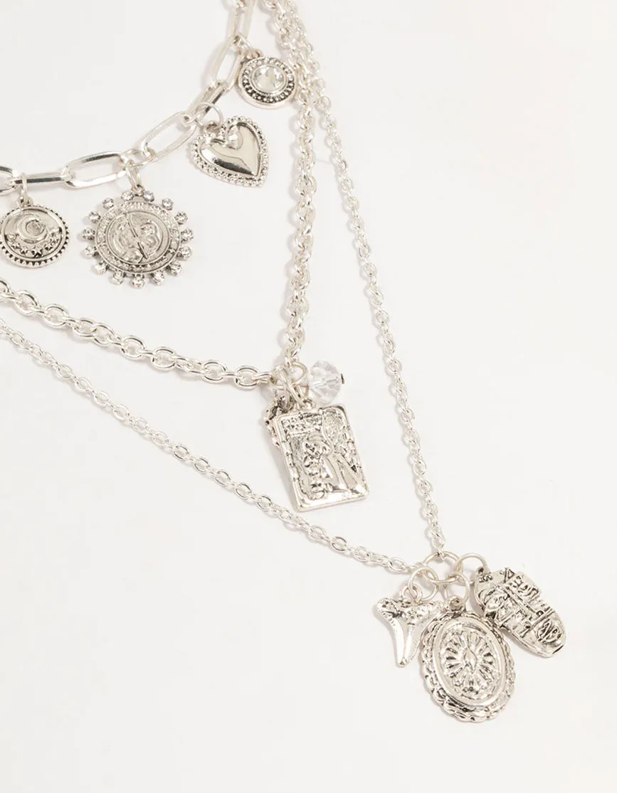 Silver Heart, Sun & Diamante Charm Layered Necklace