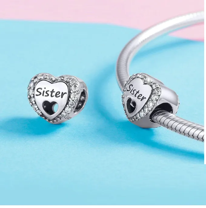 Sister Sparkling Halo Heart Charm 925 Sterling Silver