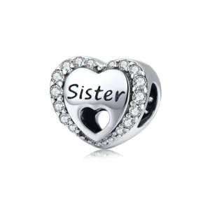 Sister Sparkling Halo Heart Charm 925 Sterling Silver