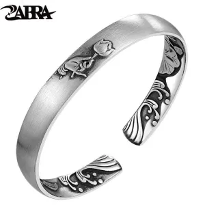 Solid Pure 999 Sterling Silver 8mm Lotus Vintage Open Cuff Bracelet Women Guanyin Hand Trendy Rock Bangles Women Jewelry