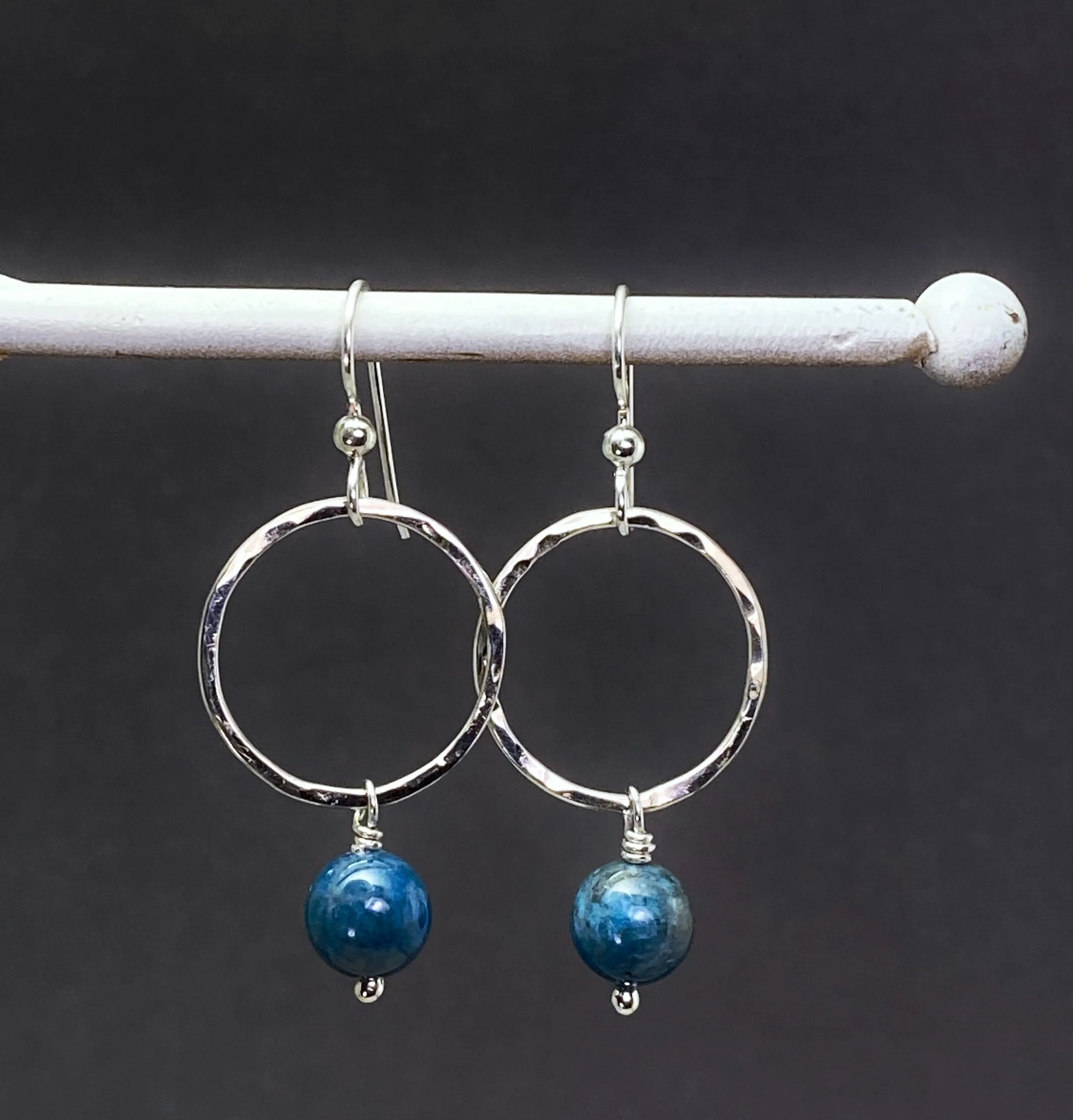 Sterling silver forged hoop earrings with apatite