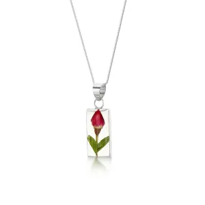 Sterling Silver Rectangle Pendant Necklace with Real Miniature Rose - Perfect Valentine Gift