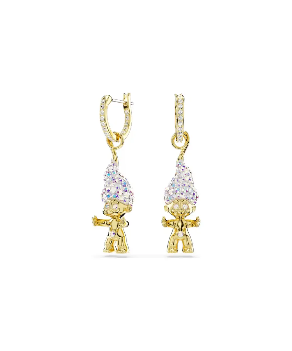 SWAROVSKI GOOD LUCK TROLLS DROP EARRINGS, TROLL,WHITE,GOLD-TONE PLATED