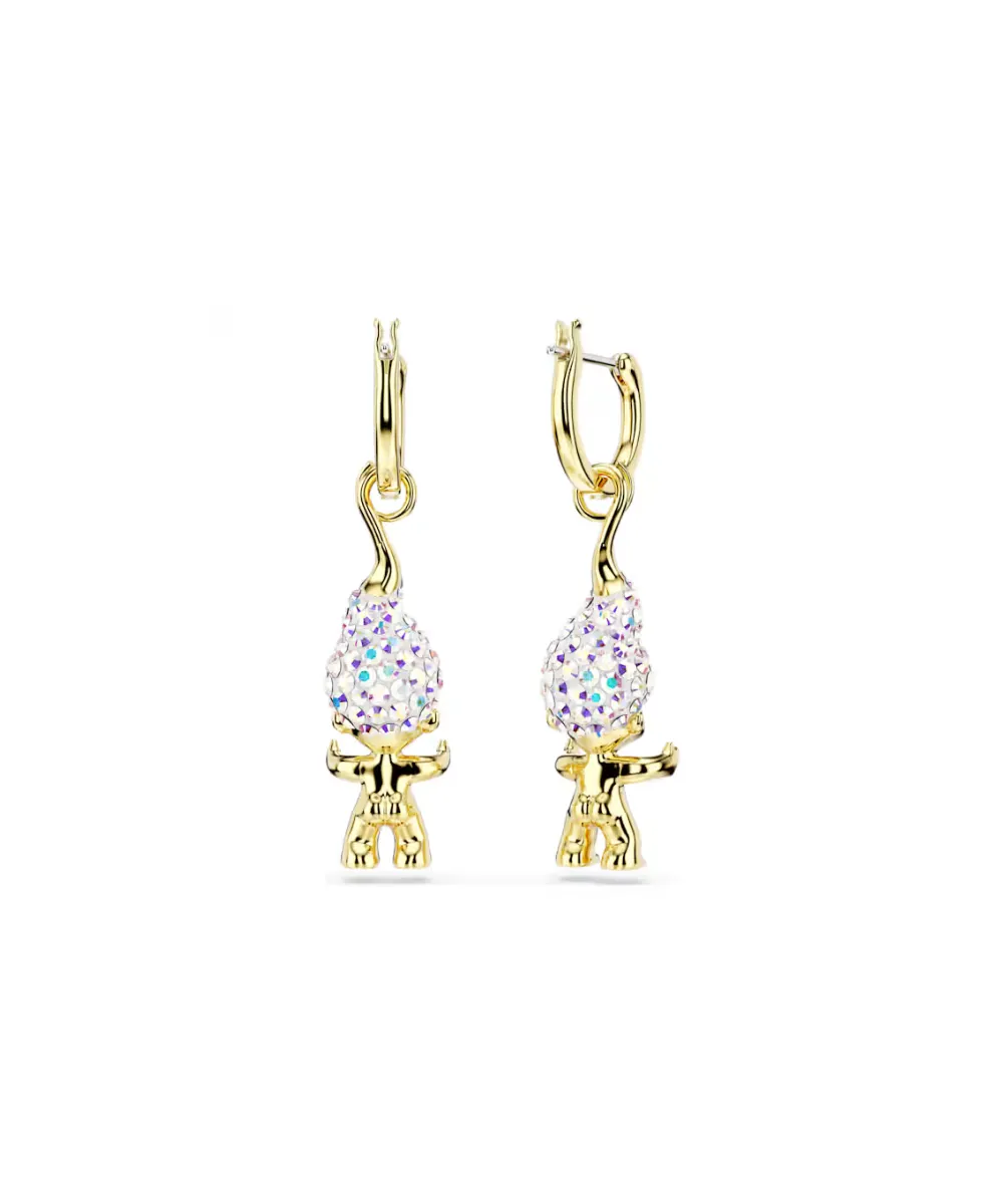 SWAROVSKI GOOD LUCK TROLLS DROP EARRINGS, TROLL,WHITE,GOLD-TONE PLATED