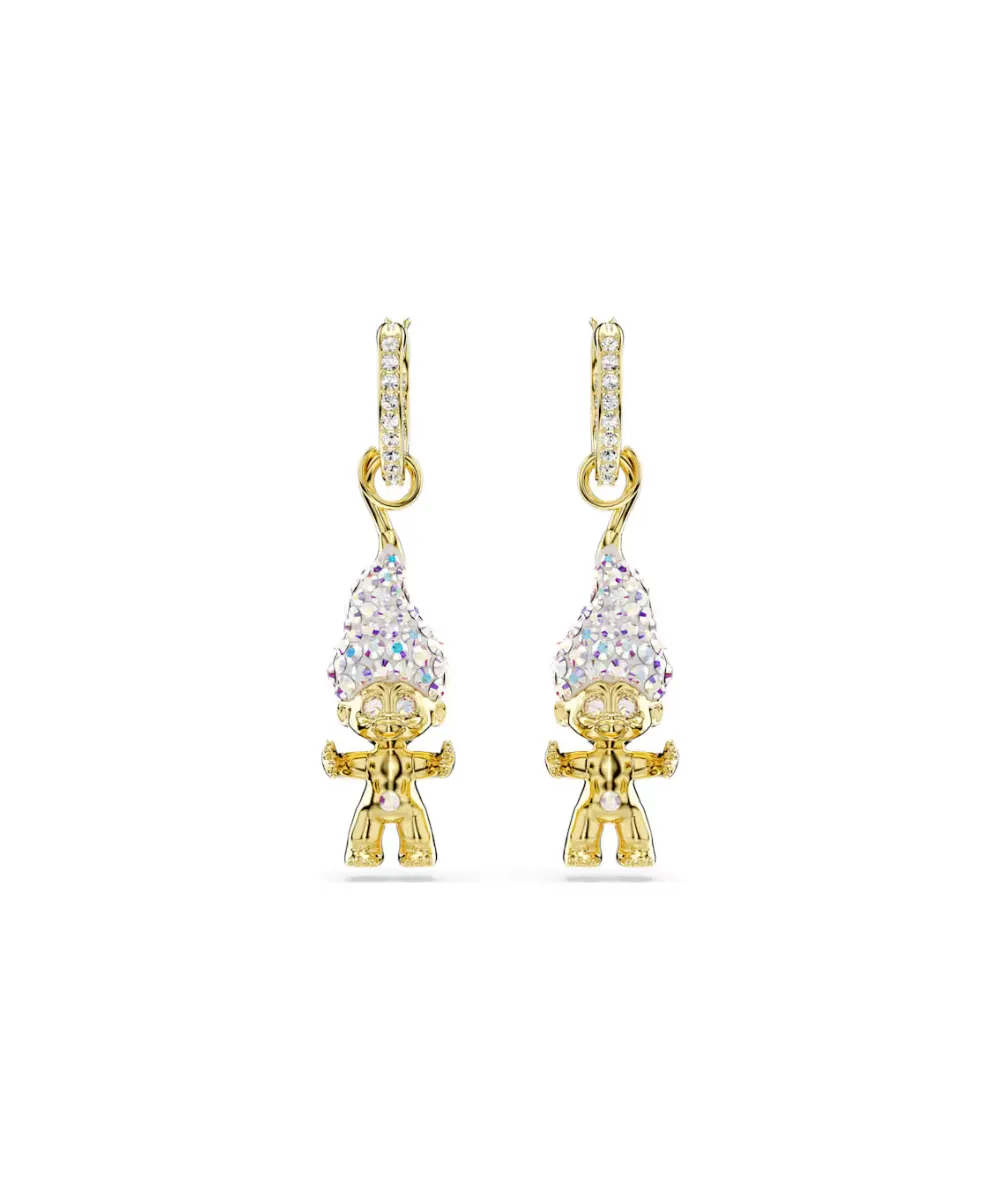 SWAROVSKI GOOD LUCK TROLLS DROP EARRINGS, TROLL,WHITE,GOLD-TONE PLATED