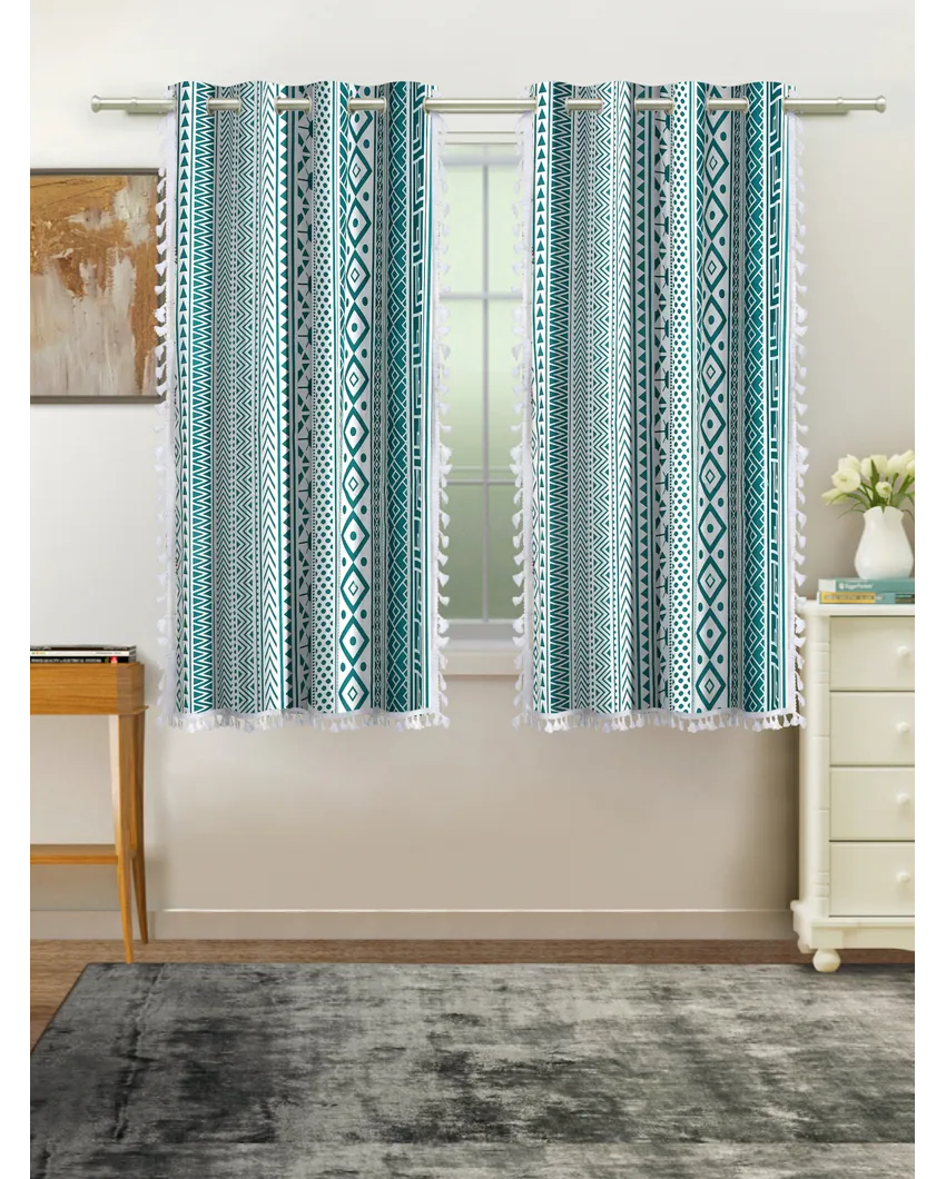 Teal Cotton Boho Curtain With Stainless Steel Rings