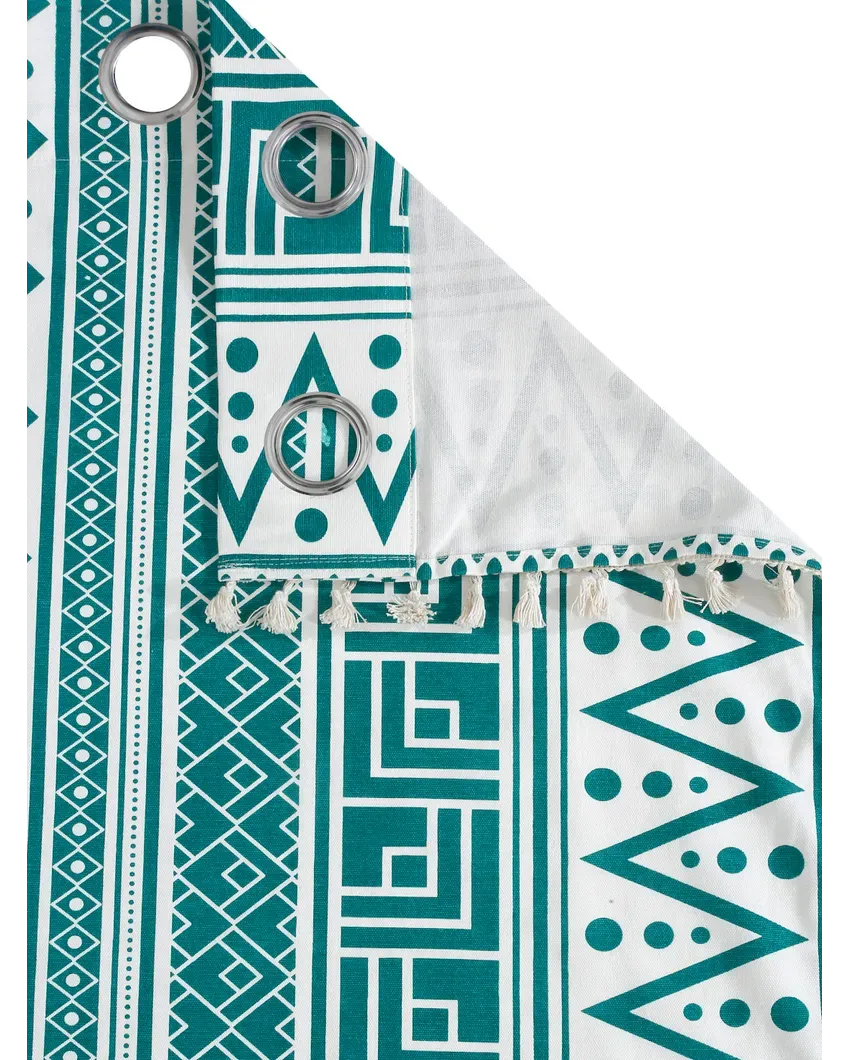 Teal Cotton Boho Curtain With Stainless Steel Rings