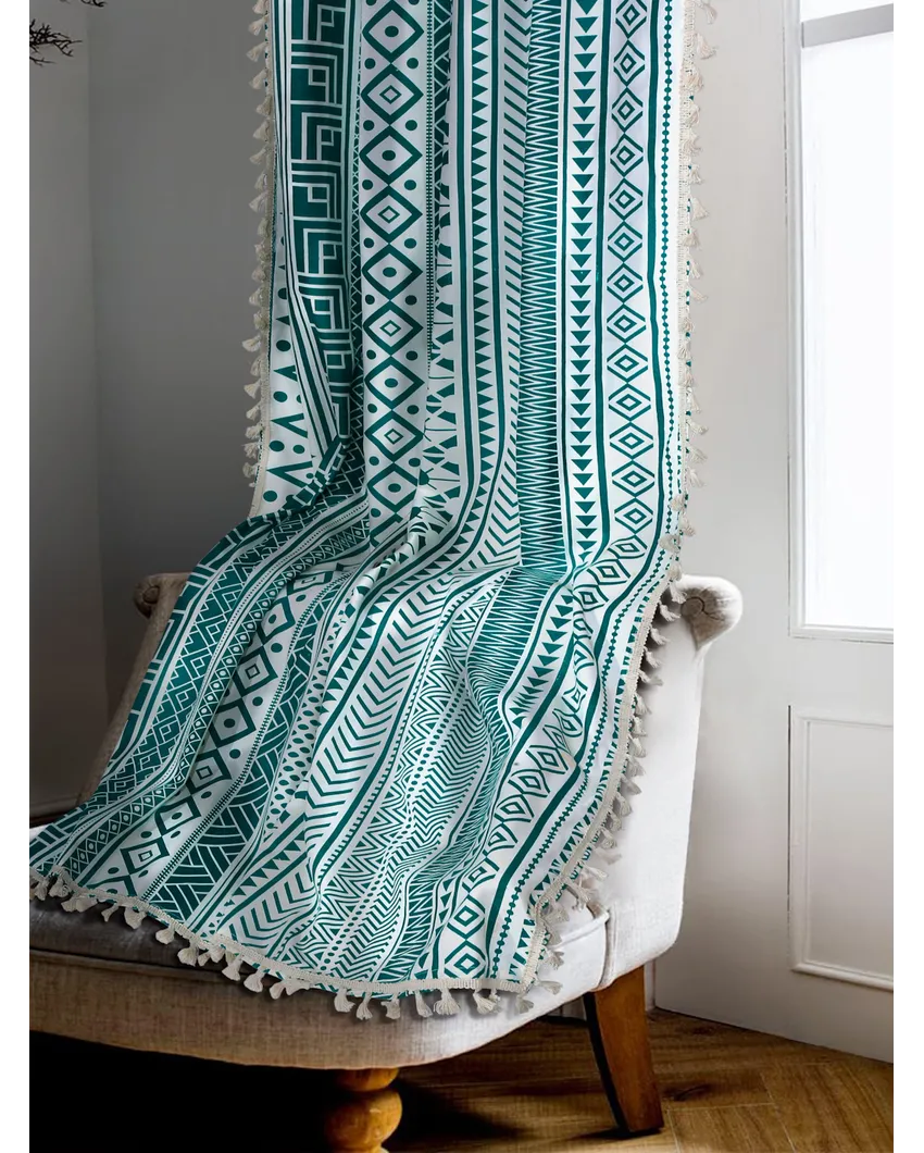 Teal Cotton Boho Curtain With Stainless Steel Rings