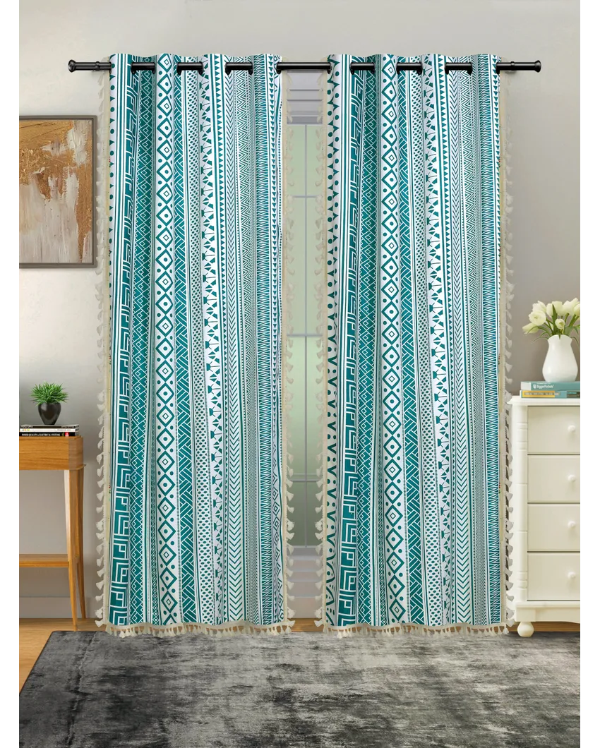 Teal Cotton Boho Curtain With Stainless Steel Rings