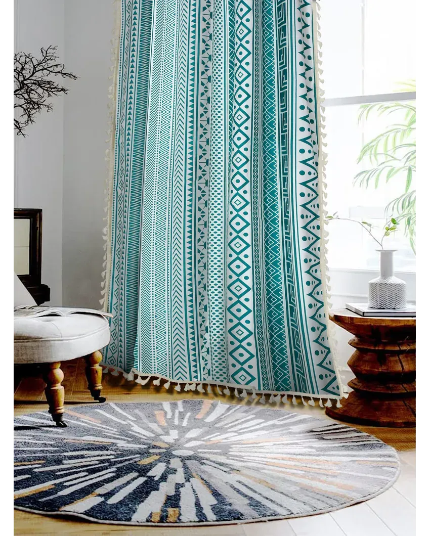 Teal Cotton Boho Curtain With Stainless Steel Rings