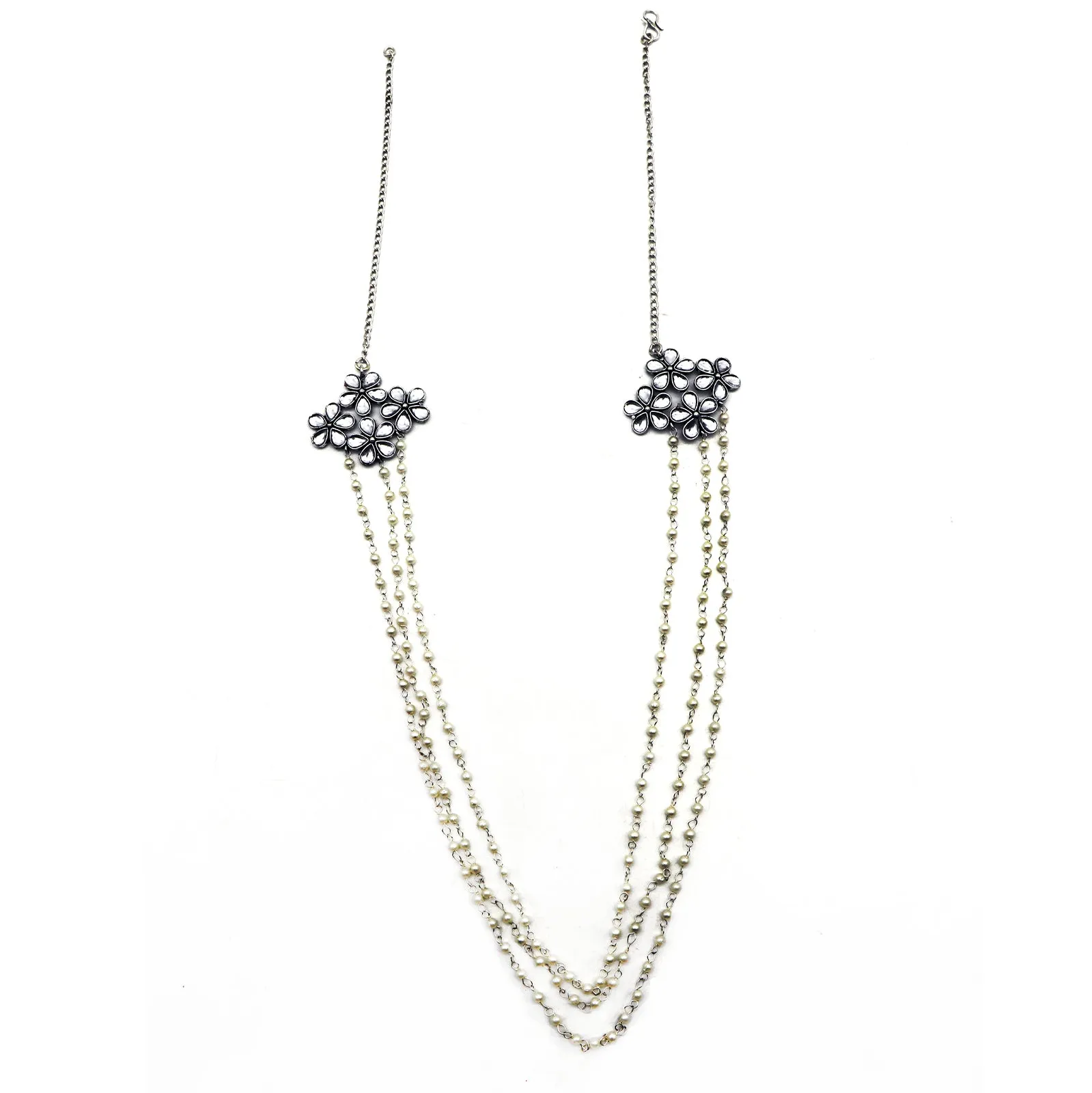 Teejh Garland Layered Pearl Polki Silver Oxidized Long Necklace