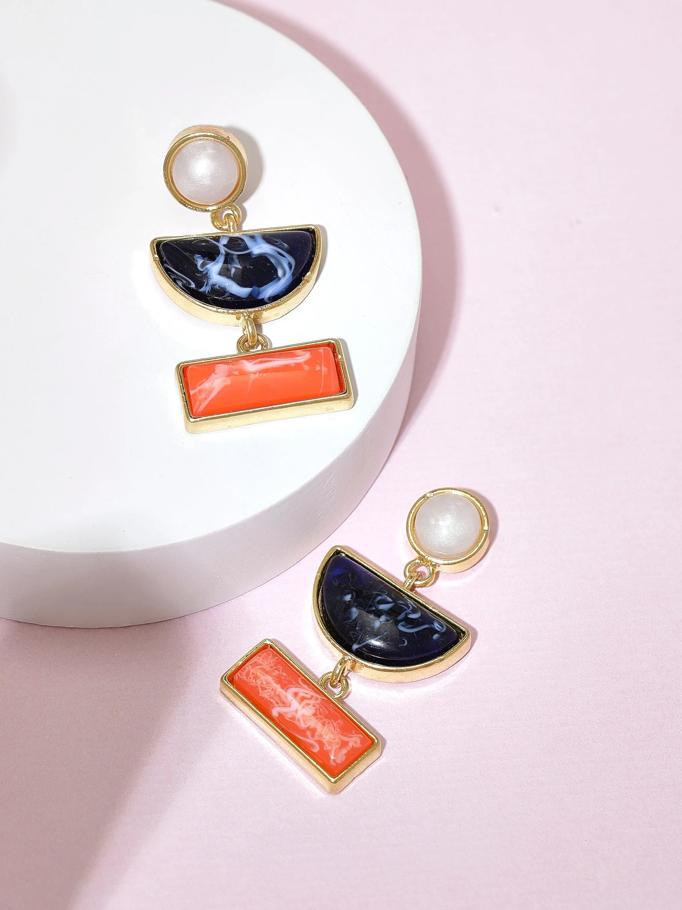 TOKYO TALKIES X Rubans Gold Plated Western Earring With Pearl, Blue And Saffron Color