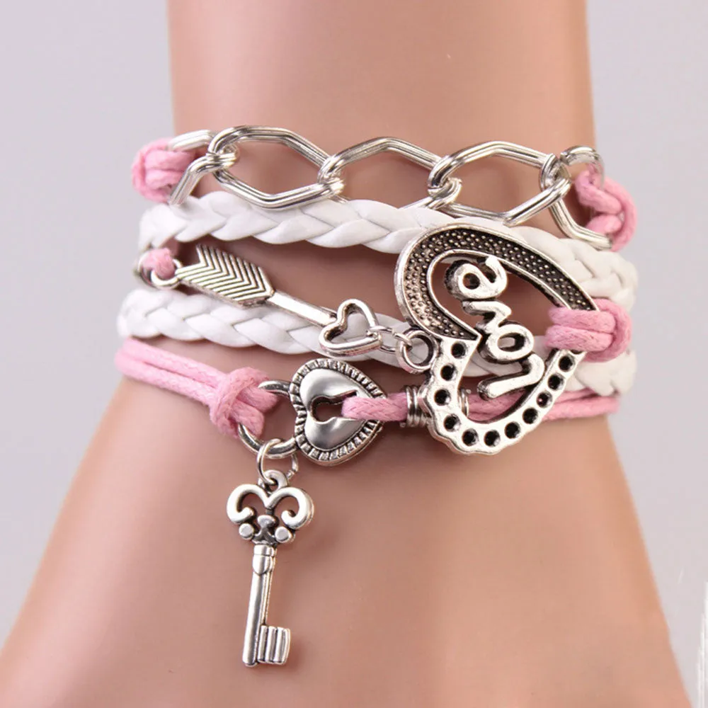 Tomtosh New Handmade Bracelet Lock key Cupid's Arrow Charms Infinity Bracelet White Pink Leather Bracelet Women Best Couple Gift