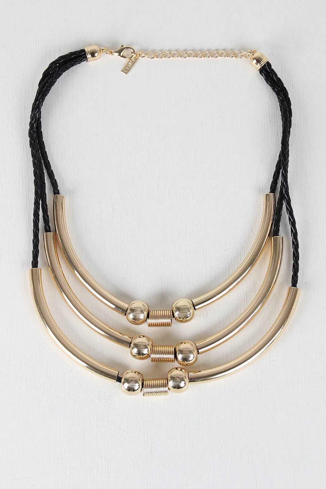 Vegan Leather Braided Metal Statement Necklace Set