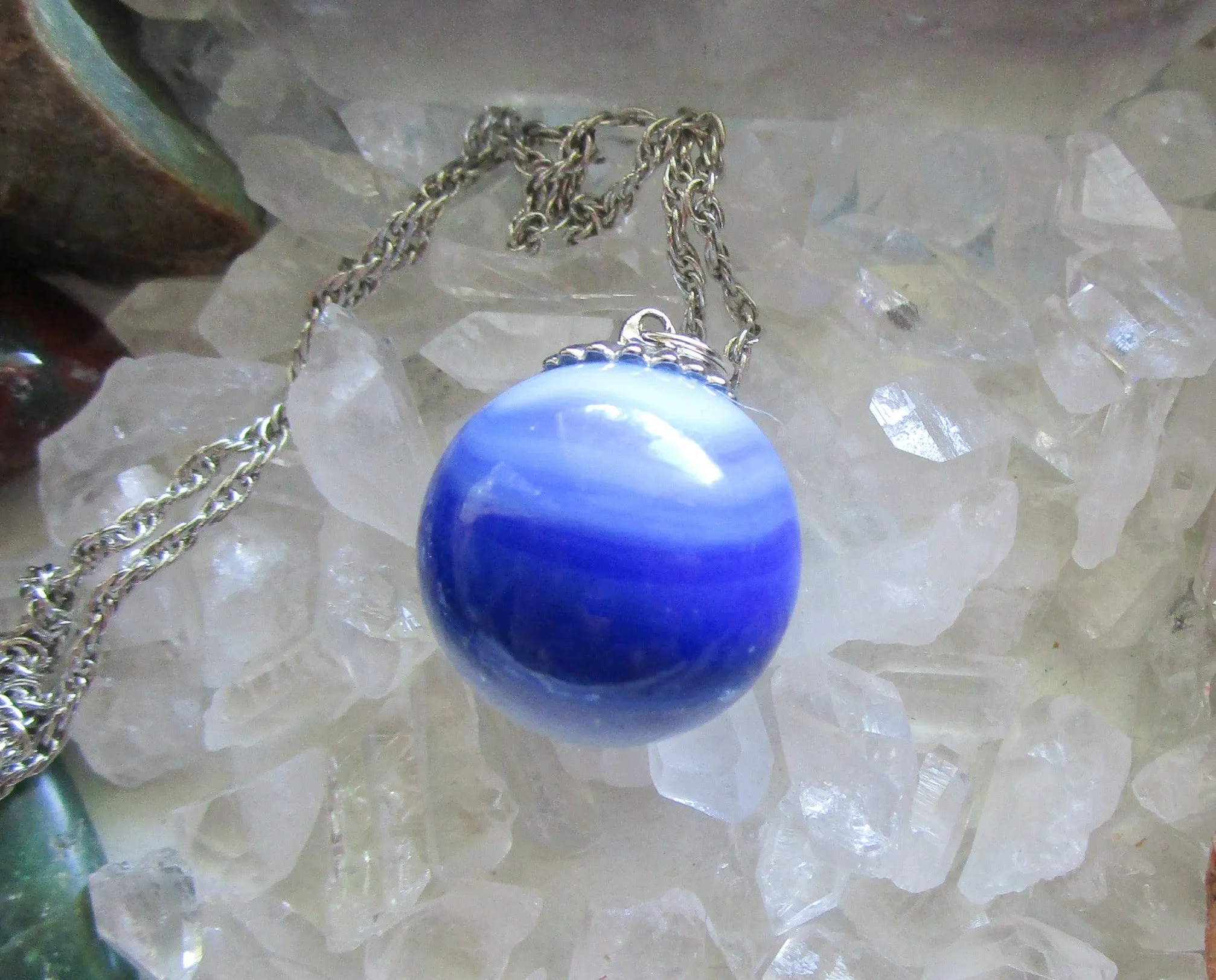 Vintage Akro Agate Blue and White Marble Pendant Necklace