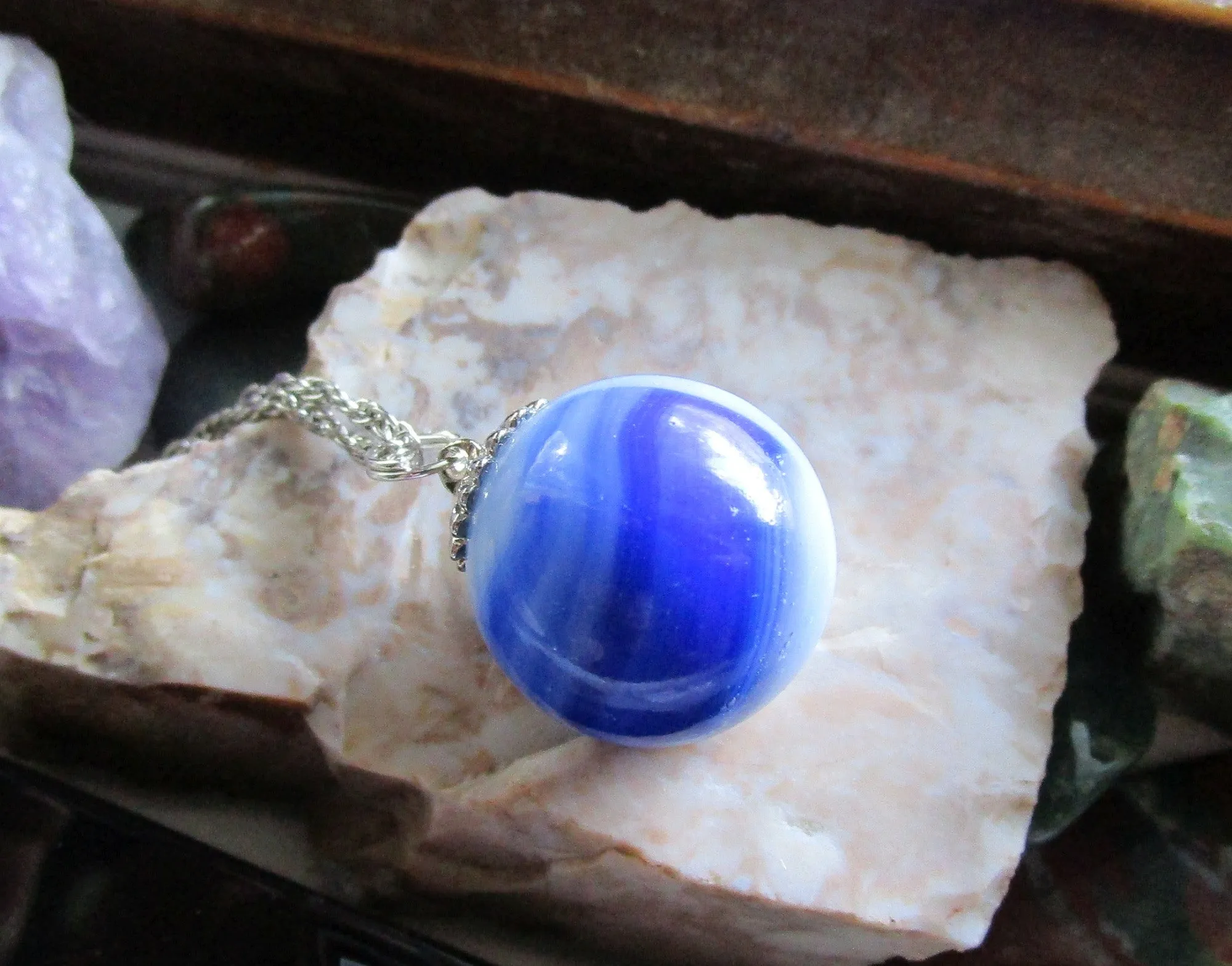 Vintage Akro Agate Blue and White Marble Pendant Necklace