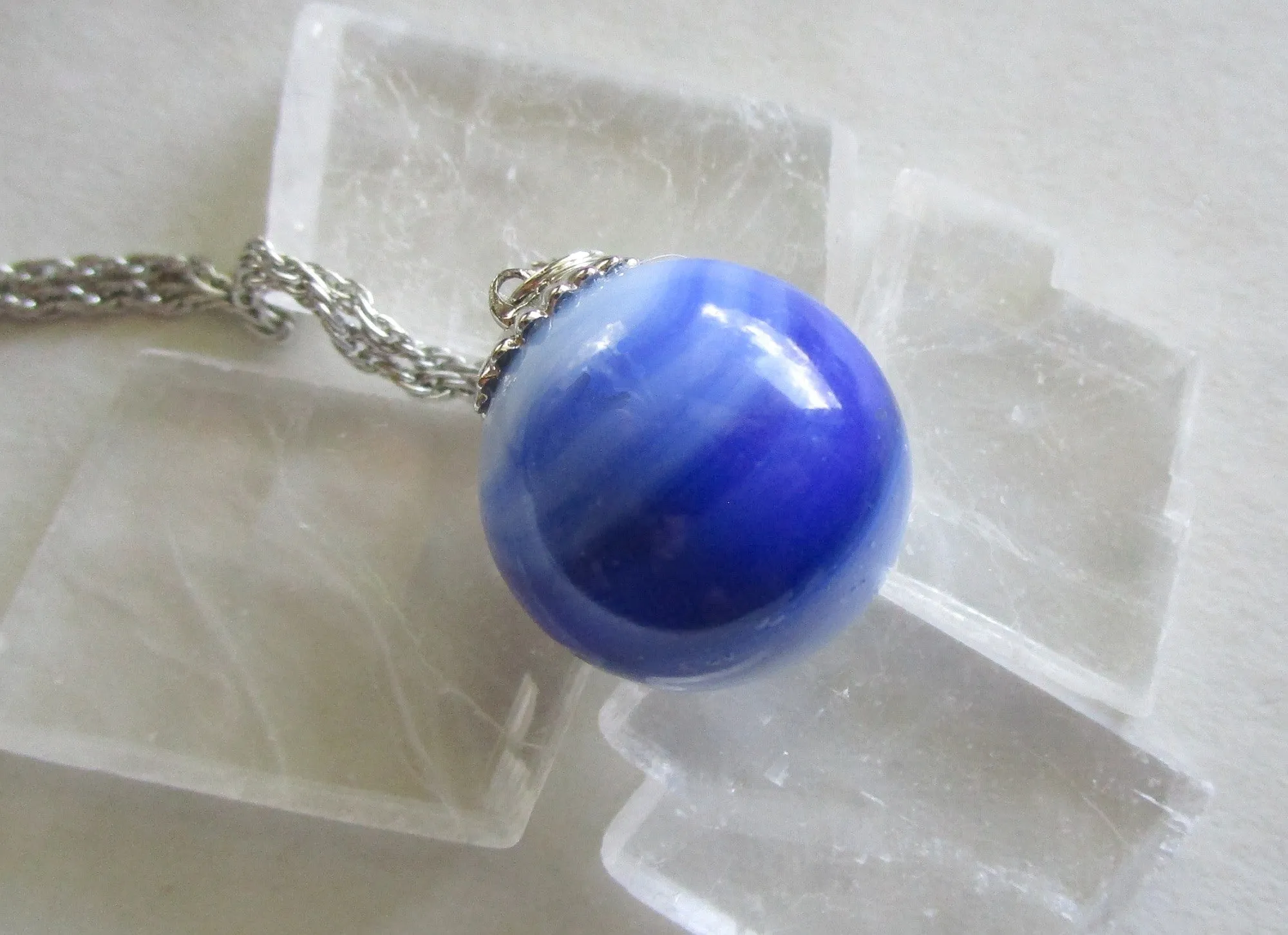 Vintage Akro Agate Blue and White Marble Pendant Necklace