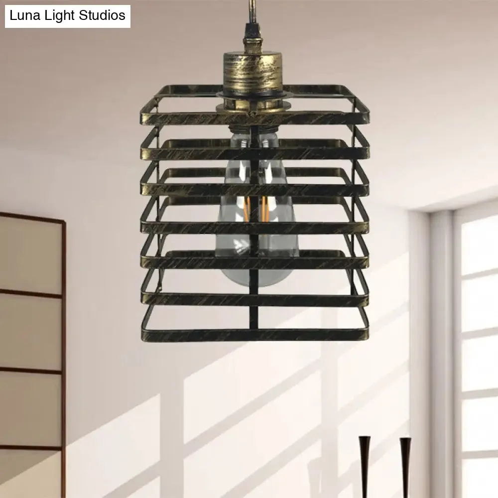 Vintage Metal Pendant Lamp with Aged Brass Cylinder Shade - Restaurant Ceiling Light