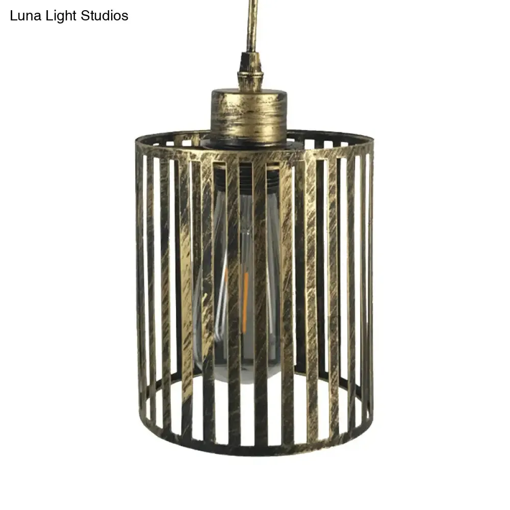 Vintage Metal Pendant Lamp with Aged Brass Cylinder Shade - Restaurant Ceiling Light