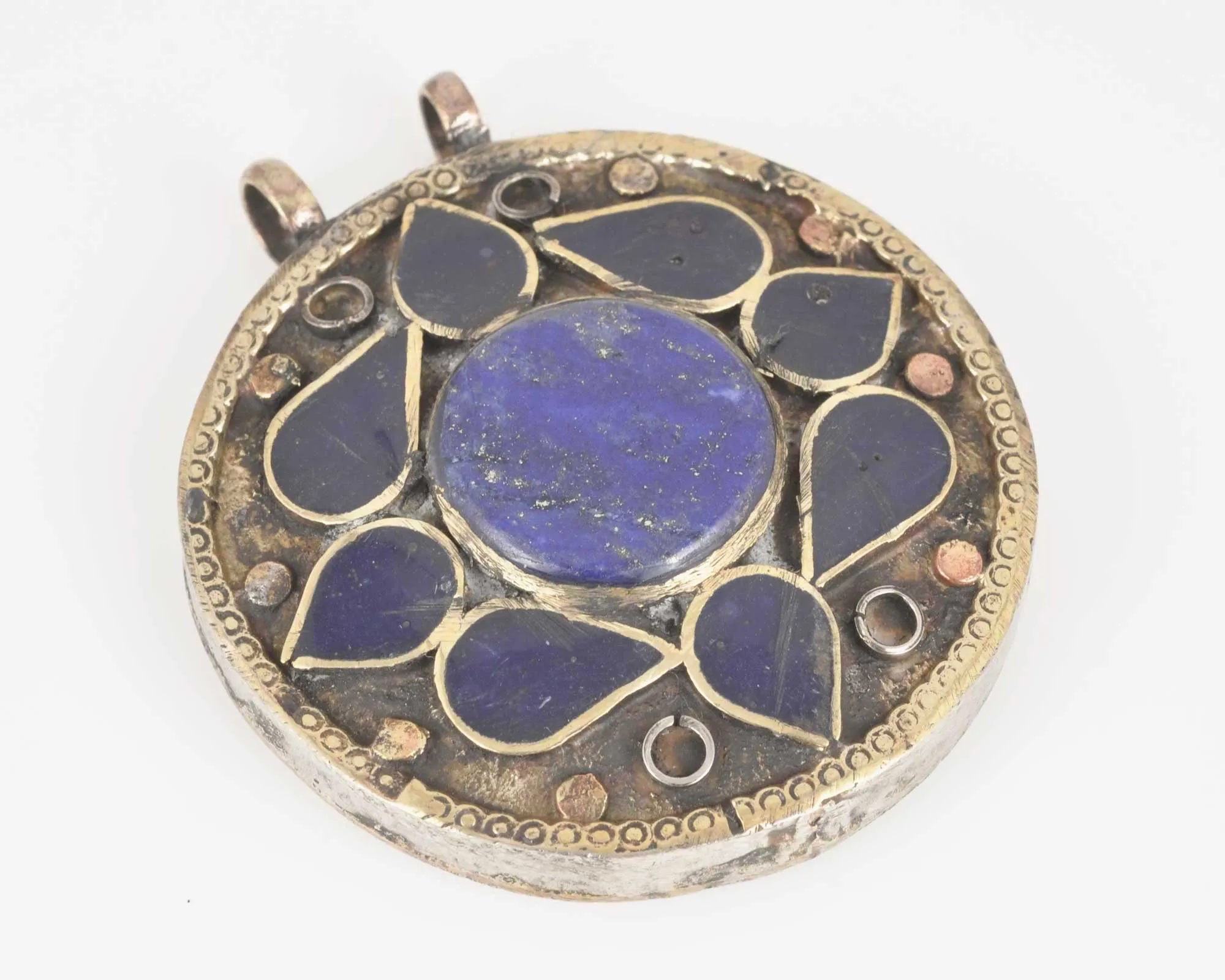 Vintage Pendants-Round Lapis Lazuli-Inlaid Afghani Silver-Quantity 1