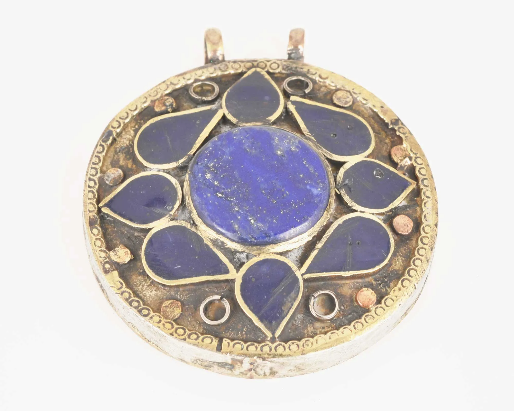 Vintage Pendants-Round Lapis Lazuli-Inlaid Afghani Silver-Quantity 1