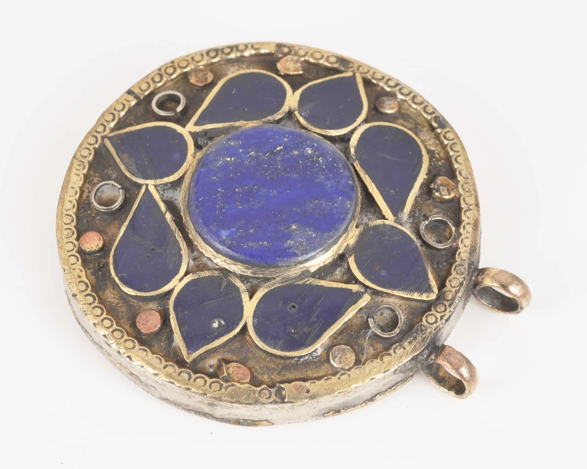 Vintage Pendants-Round Lapis Lazuli-Inlaid Afghani Silver-Quantity 1