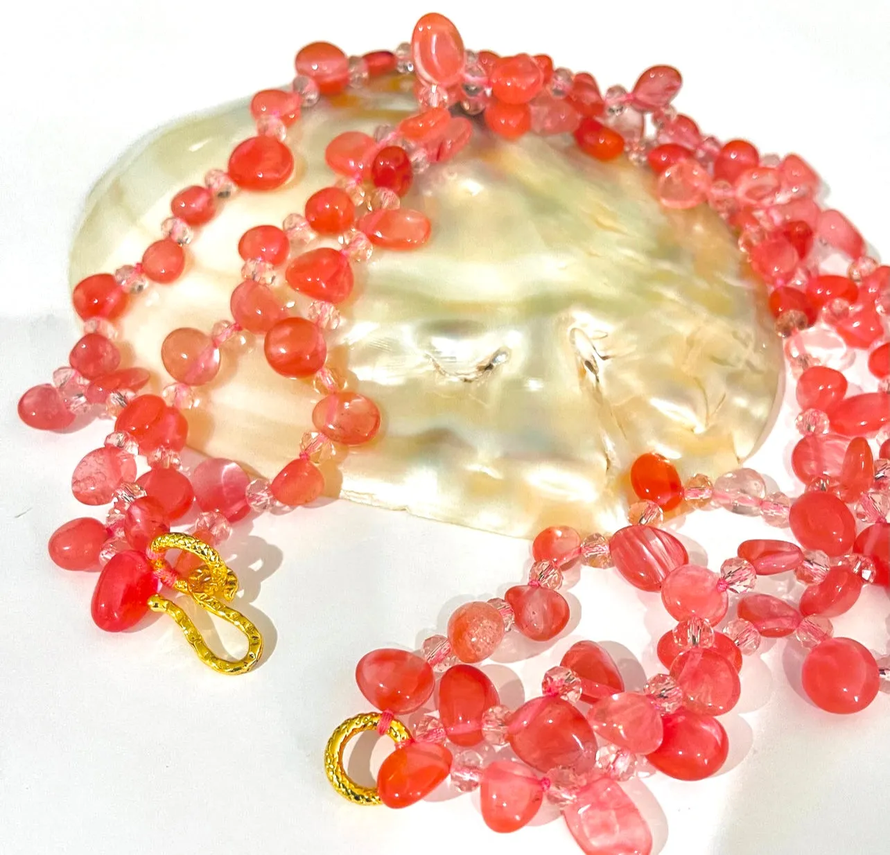 Vivid Triple-Strand Watermelon Quartz Statement Necklace 18”