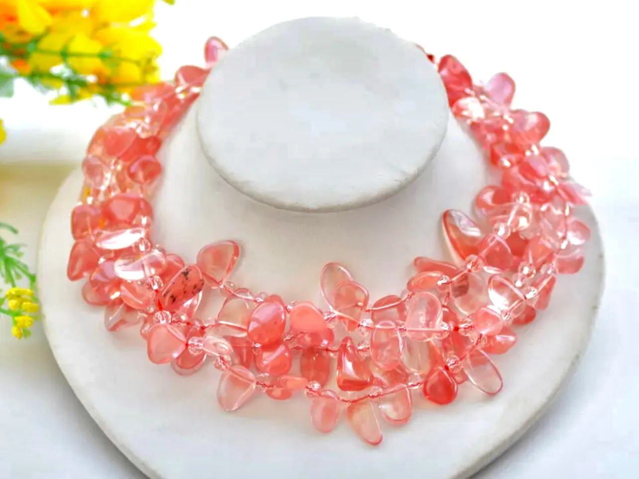 Vivid Triple-Strand Watermelon Quartz Statement Necklace 18”