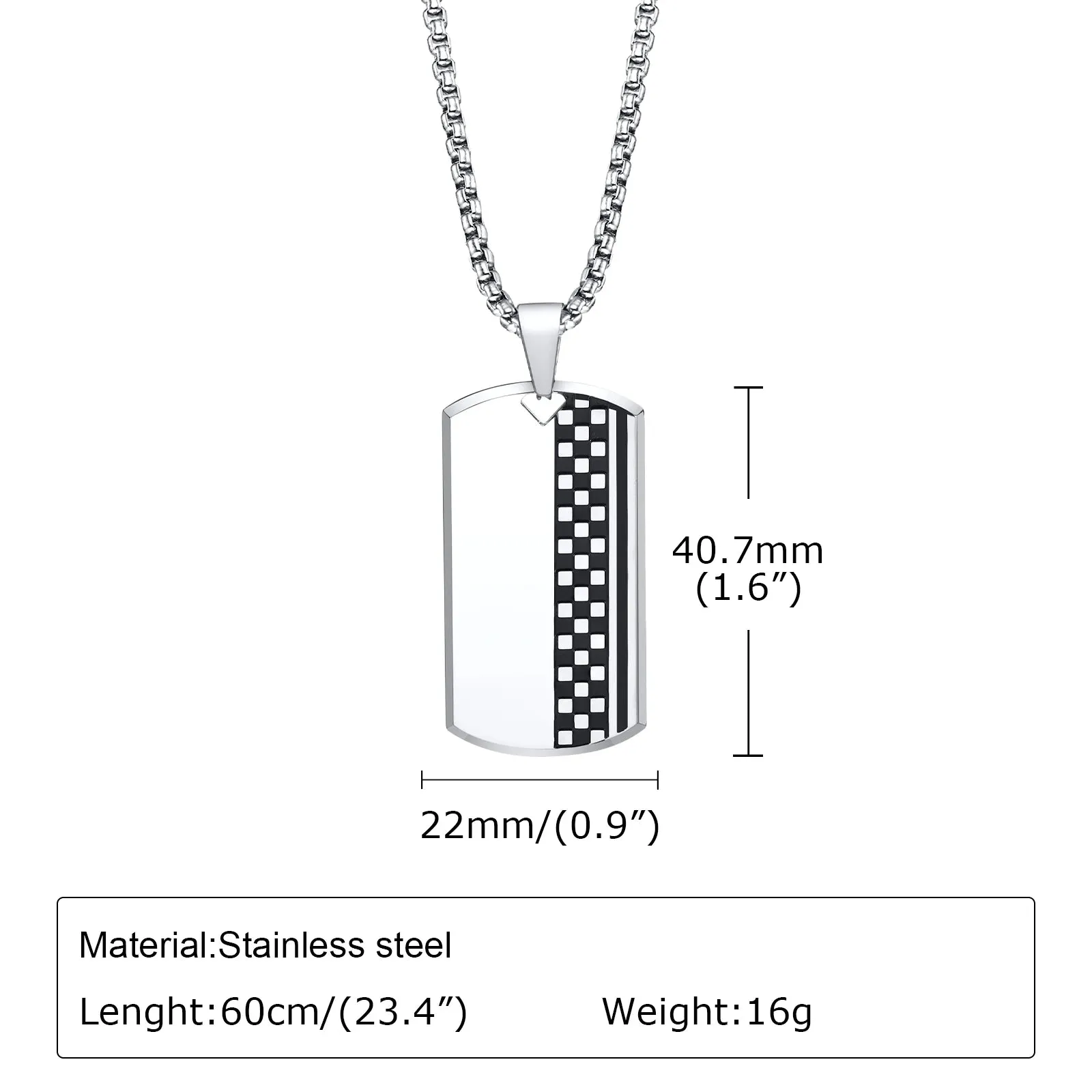 Vnox Mens Geometric Dog Tag Checkerboard Necklaces, Stainless Steel Militay Dogtag Pendant with Box Chain, Cool Male Boy Collar