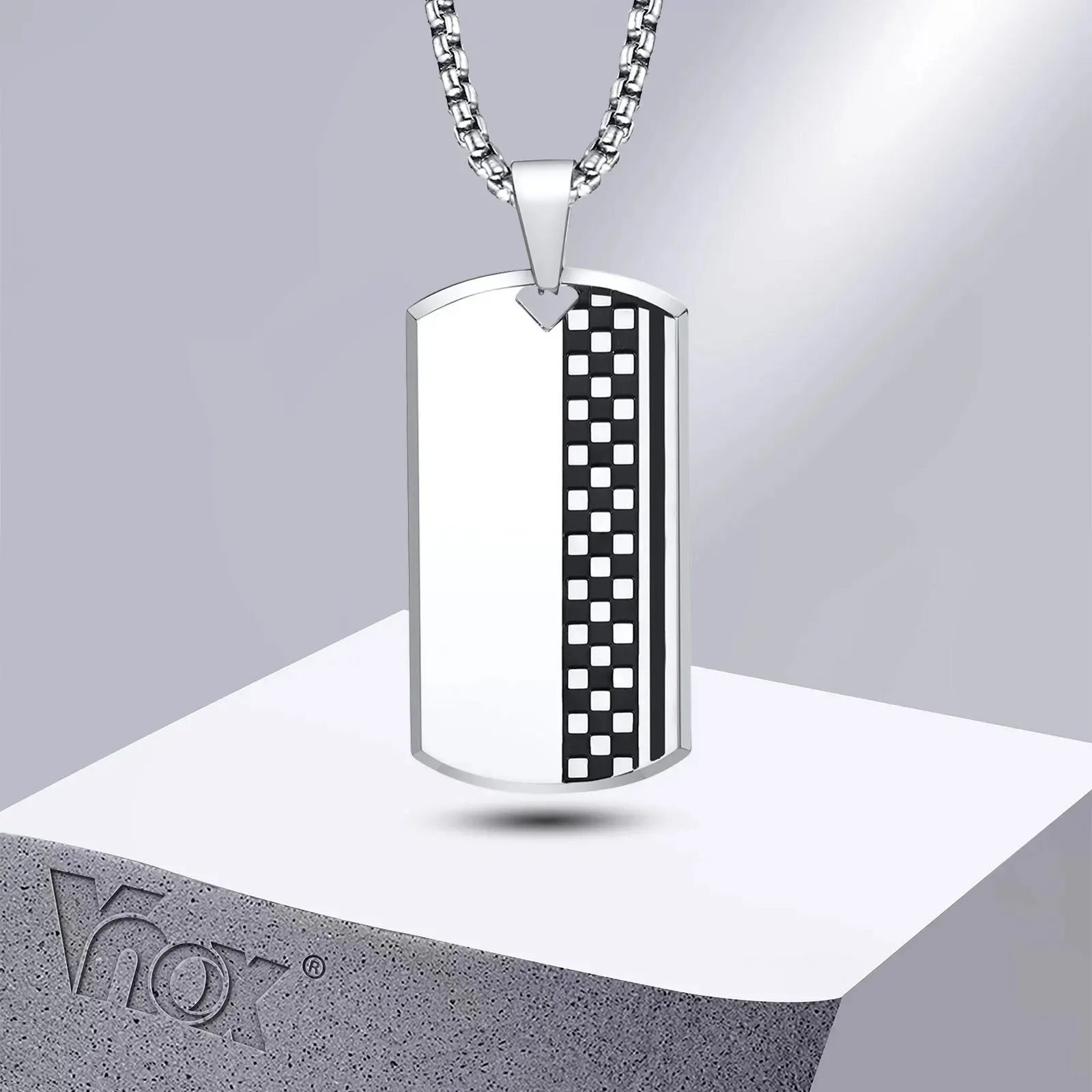 Vnox Mens Geometric Dog Tag Checkerboard Necklaces, Stainless Steel Militay Dogtag Pendant with Box Chain, Cool Male Boy Collar