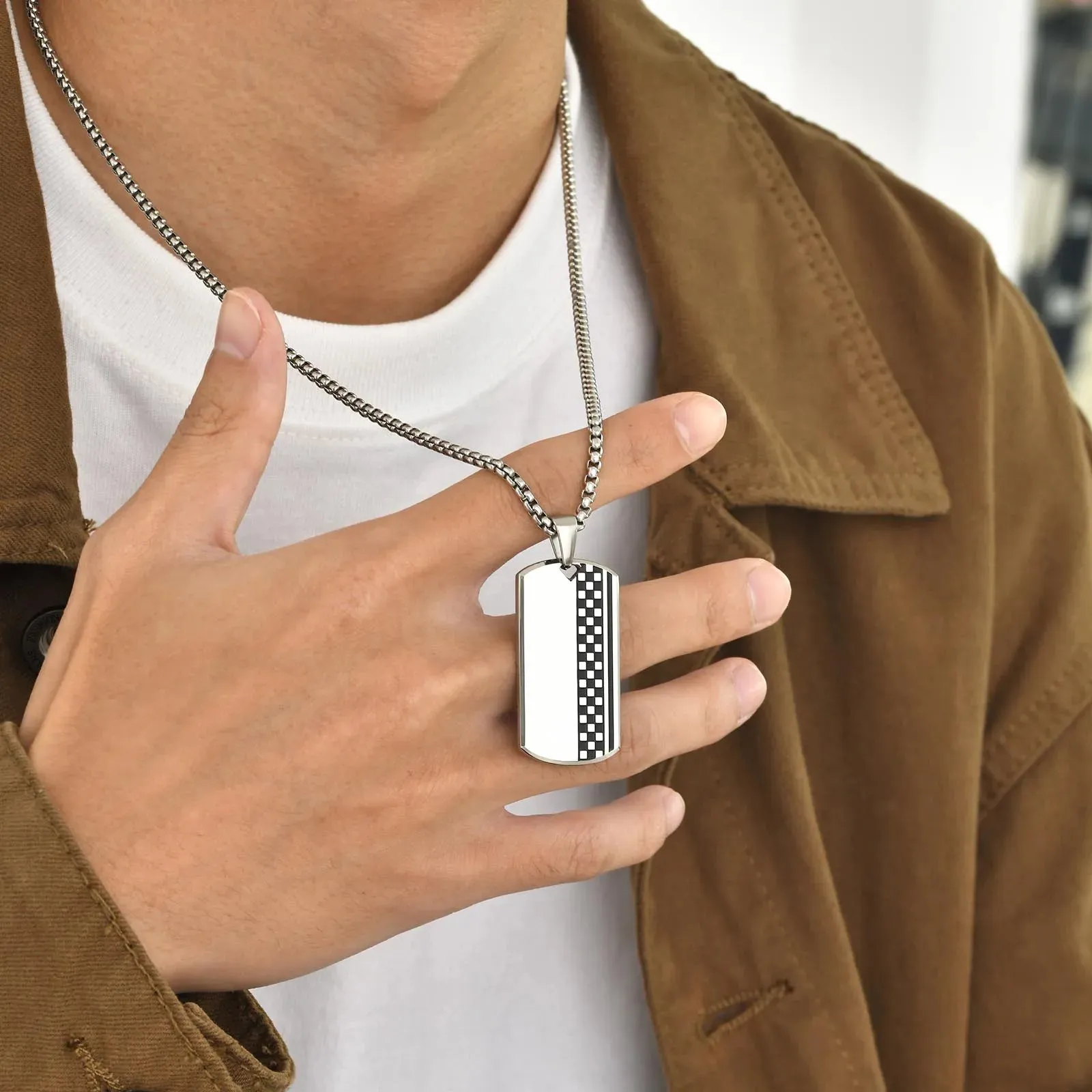 Vnox Mens Geometric Dog Tag Checkerboard Necklaces, Stainless Steel Militay Dogtag Pendant with Box Chain, Cool Male Boy Collar