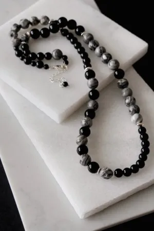 Xander Kostroma - Men's 925 Sterling Silver Multi Picasso Jasper and Black Onyx Necklace - Enhances Protection, Emotional Healing, and Self-Assurance - Handcrafted Unique Jewelry - 46cm   Extension - Perfect Gift for Elegance and Style